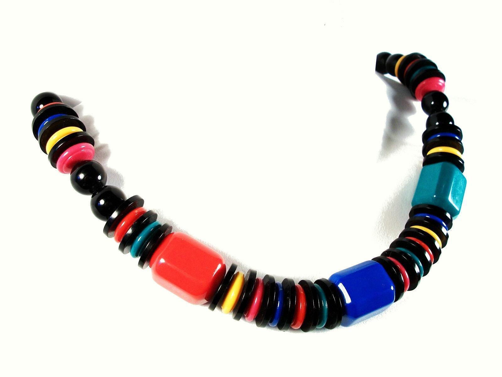 Vintage Multi-color & Black Acrylic Bead Necklace - Unsigned - Circa 1980's For Sale 2
