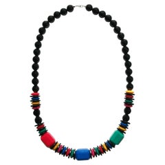 Mehrfarbige & schwarze Acryl-Perlenkette im Vintage-Stil - Unsigniert - ca. 1980er Jahre