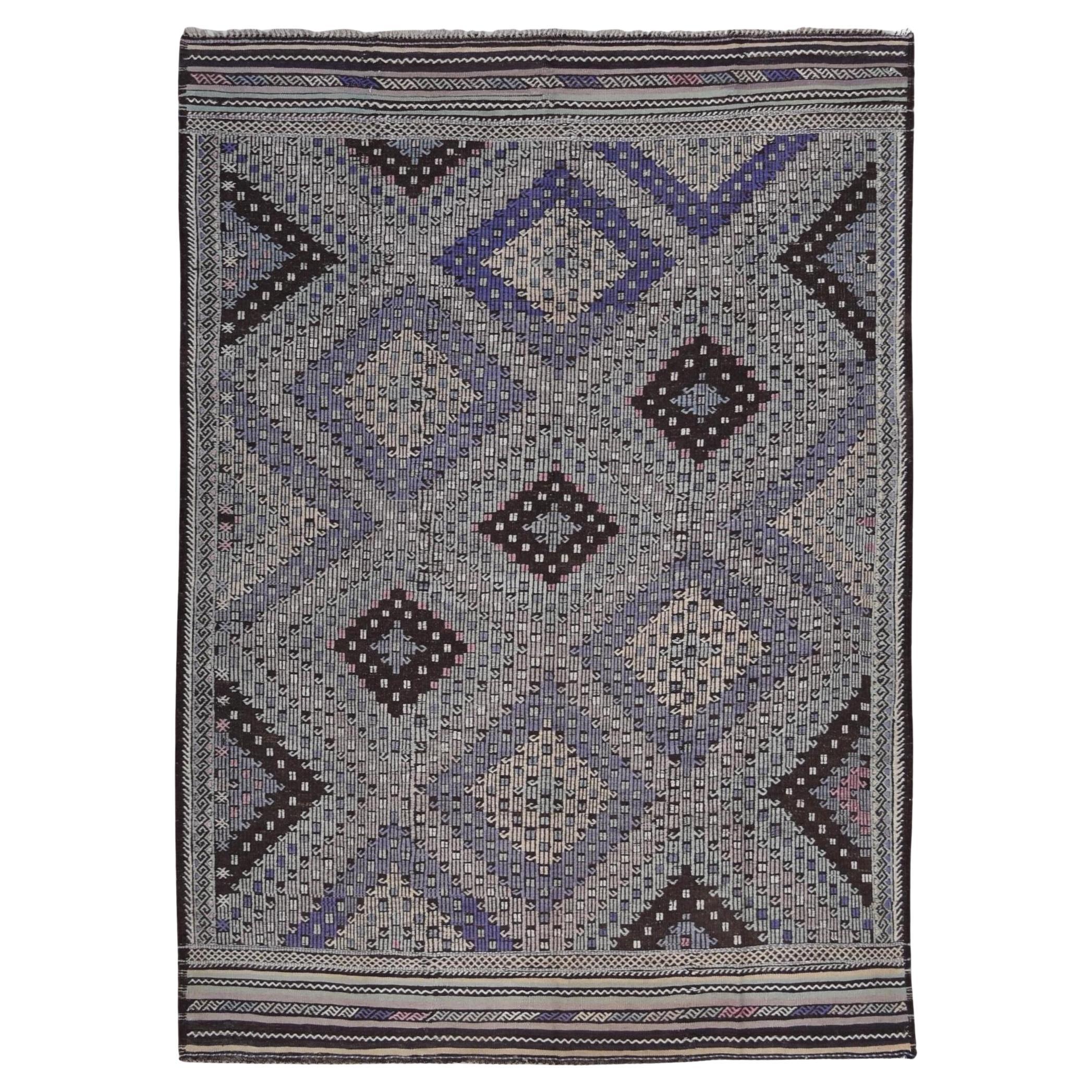 Vintage Multi Color Geometric Diamond Patterned Wool Kilim 6'8''x9'3''