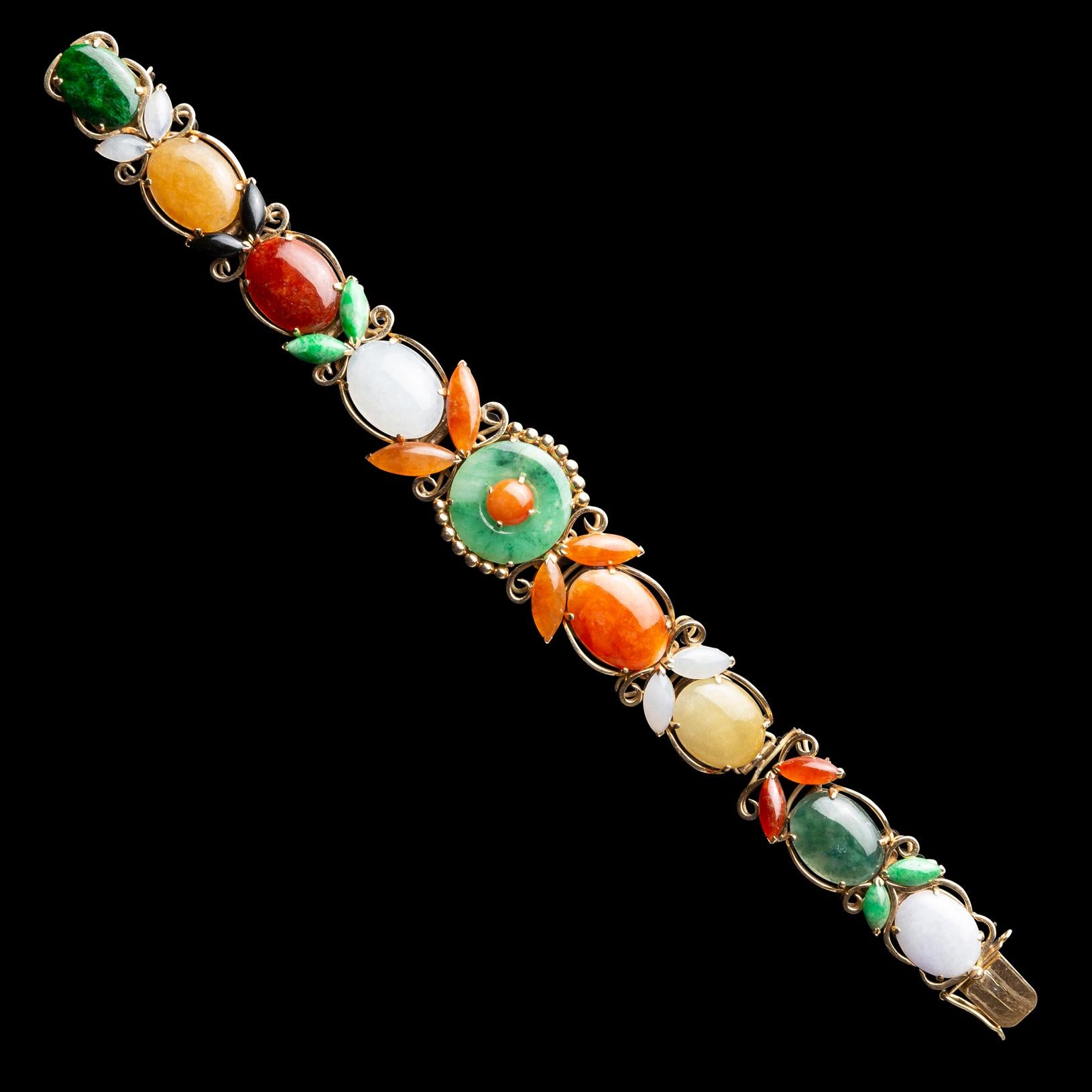 Cabochon Vintage Multi-Color Jade and 14 Karat Gold Bracelet