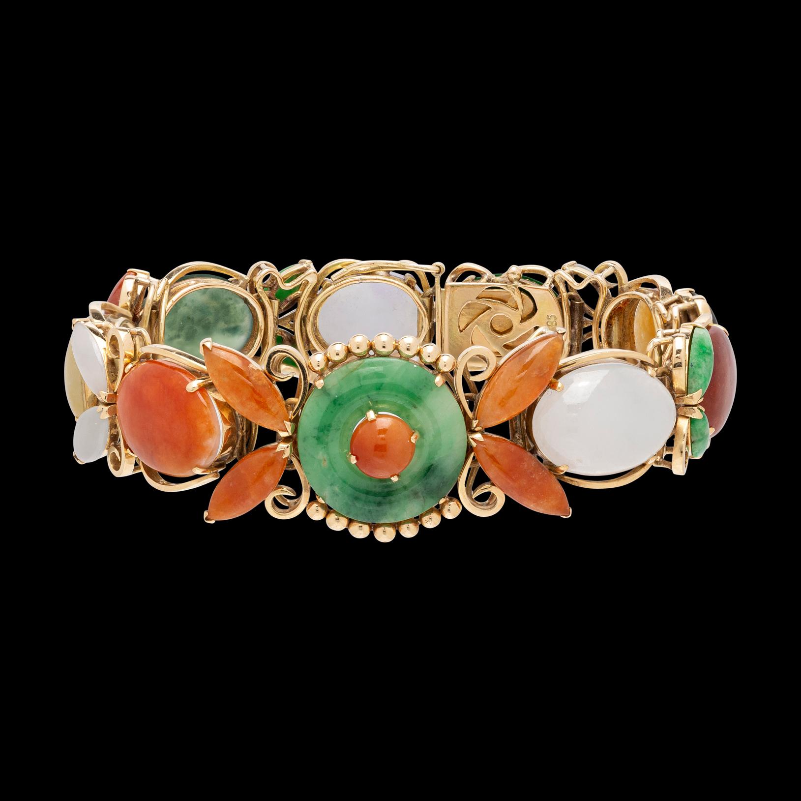 Women's Vintage Multi-Color Jade and 14 Karat Gold Bracelet