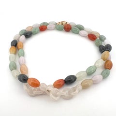 Vintage Multi-Color Jade Bead Necklace 14K Yellow Gold Clasp 27.5" Estate