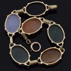 Vintage Multi-Color Jade Yellow Gold Cabochon Oval Link Bracelet