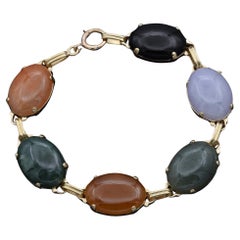 Vintage Multi-Color Jade Yellow Gold Cabochon Oval Link Bracelet