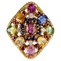 Vintage 1990's Multi-Color Sapphire and Diamond Statement Ring 18k Yellow Gold
