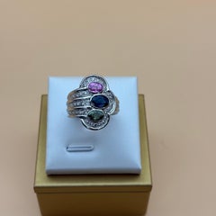 Vintage 18k White Gold Multi-Color Sapphire & Diamond Cocktail Ring