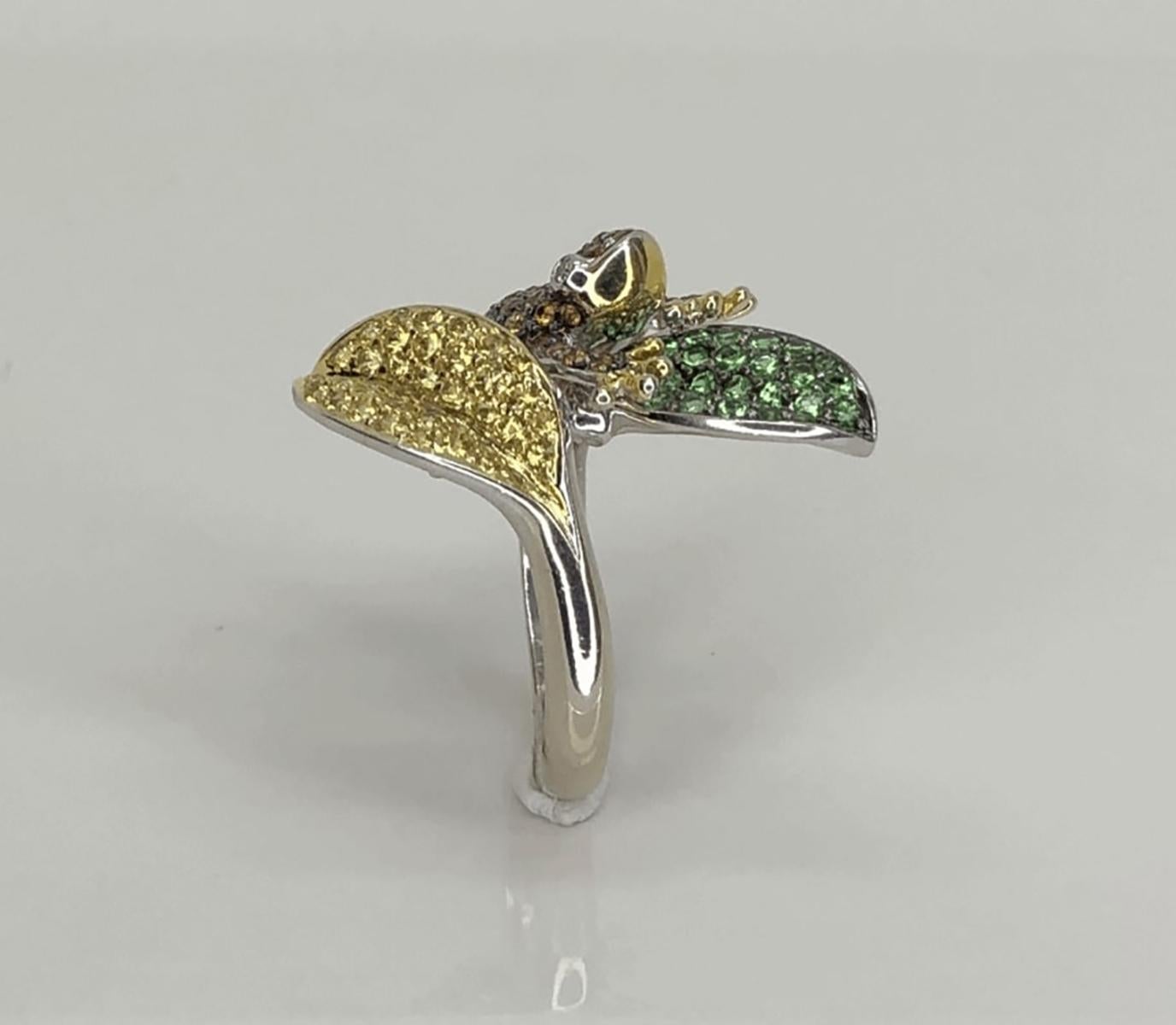 Beautiful, Whimsical & finely detailed Gold Ring, Hand crafted in 14 Karat White Gold set with Multi-Color Sapphire and Diamonds; approx. 2.70 total carat gemstone weight . The ring epitomizes vintage charm and would make a lovely alternative