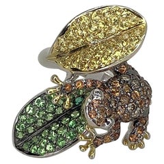 Retro Multi-Color Sapphire Diamond Gold Frog on Leaf Ring Estate Fine Jewelry