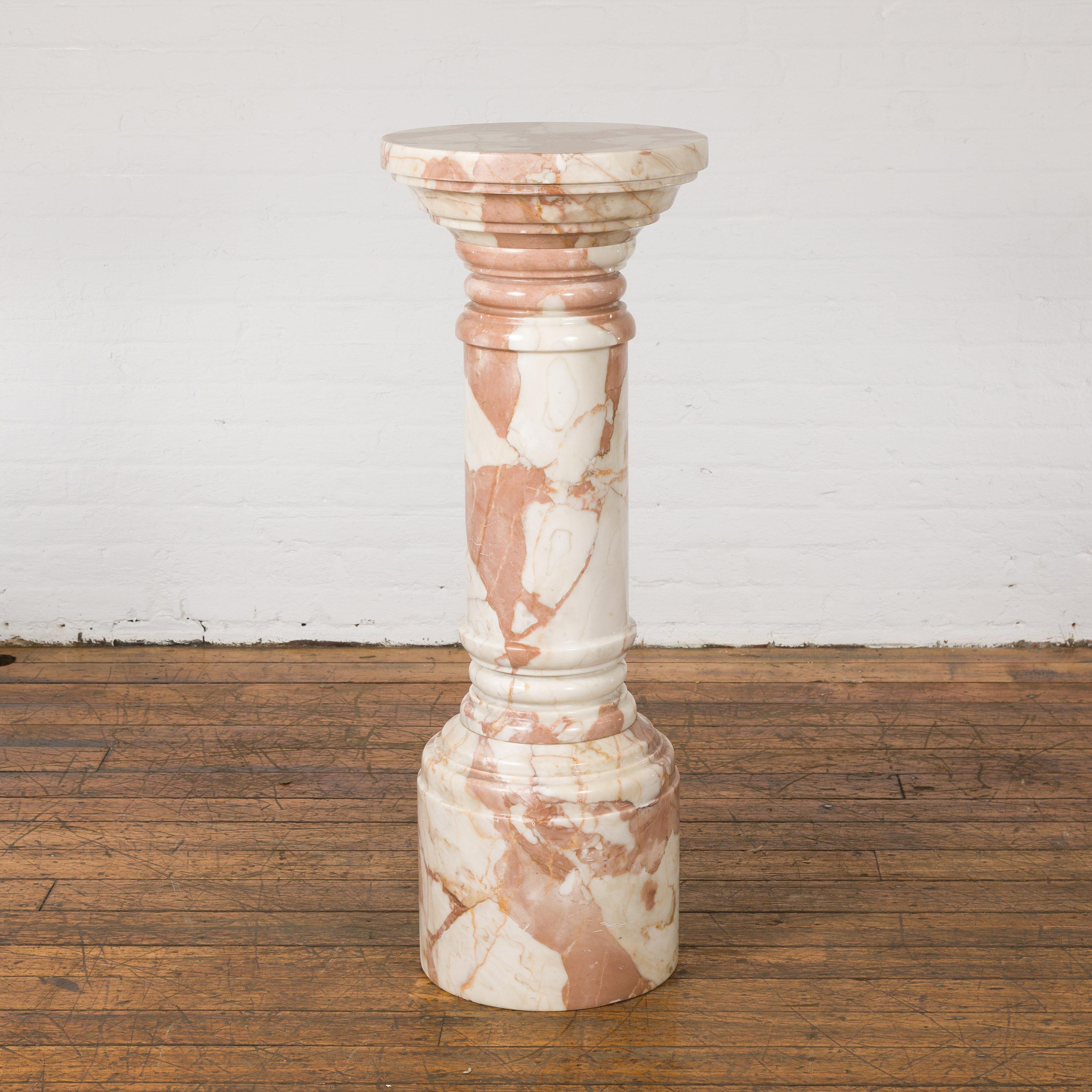 White and Pink Vintage Marble Pedestal In Good Condition In Yonkers, NY