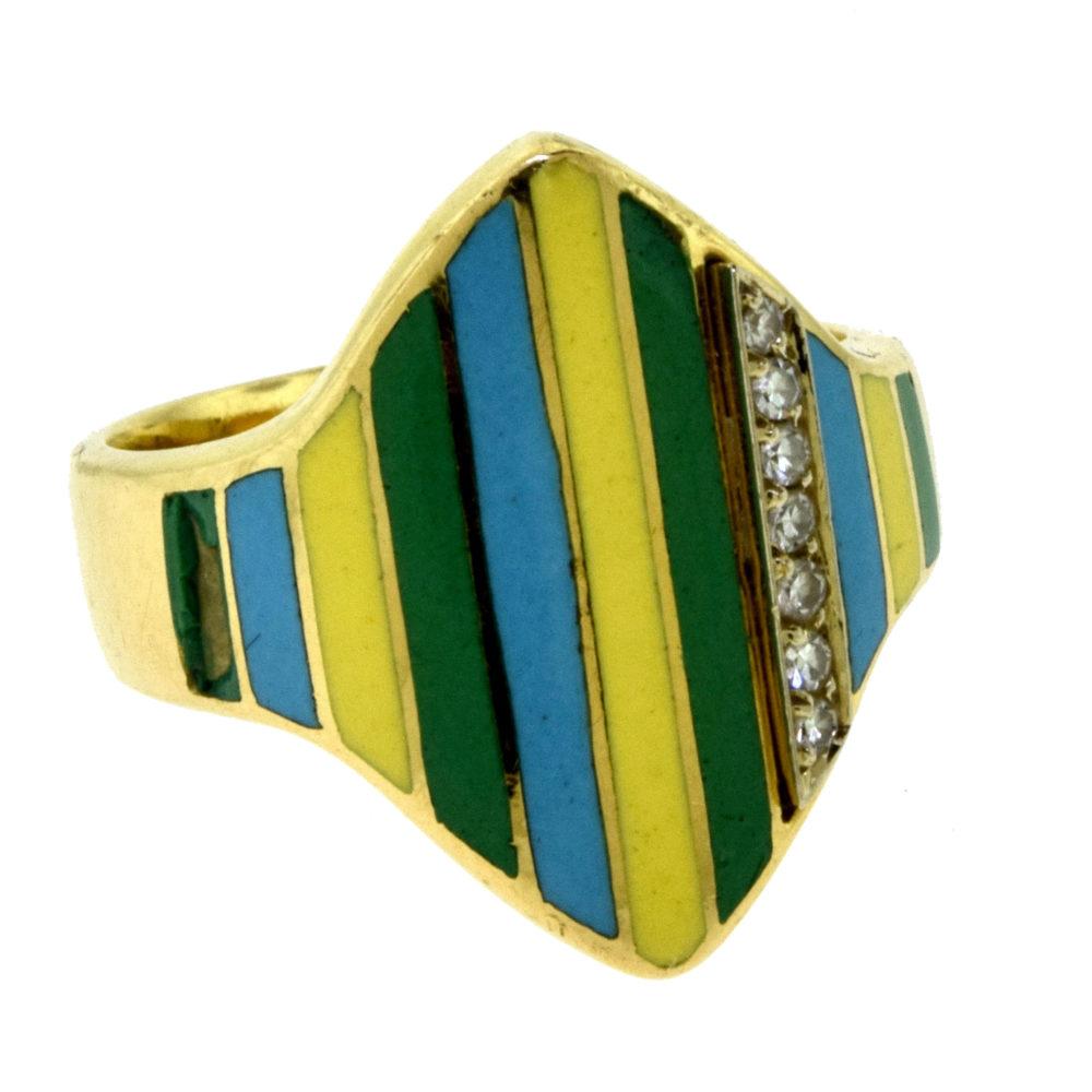 Ring Size: 7

Metal: Yellow Gold

Metal Purity: 18k

Non-Metal Material: Green, Blue, Yellow Enamel 

Stones: 7 Round Diamonds 

Diamond Color: H

Diamond Clarity: VS

Total Carat Weight: approx. 0.25 ct

Total Item Weight (g): 8.7

Ring Width: 5.44