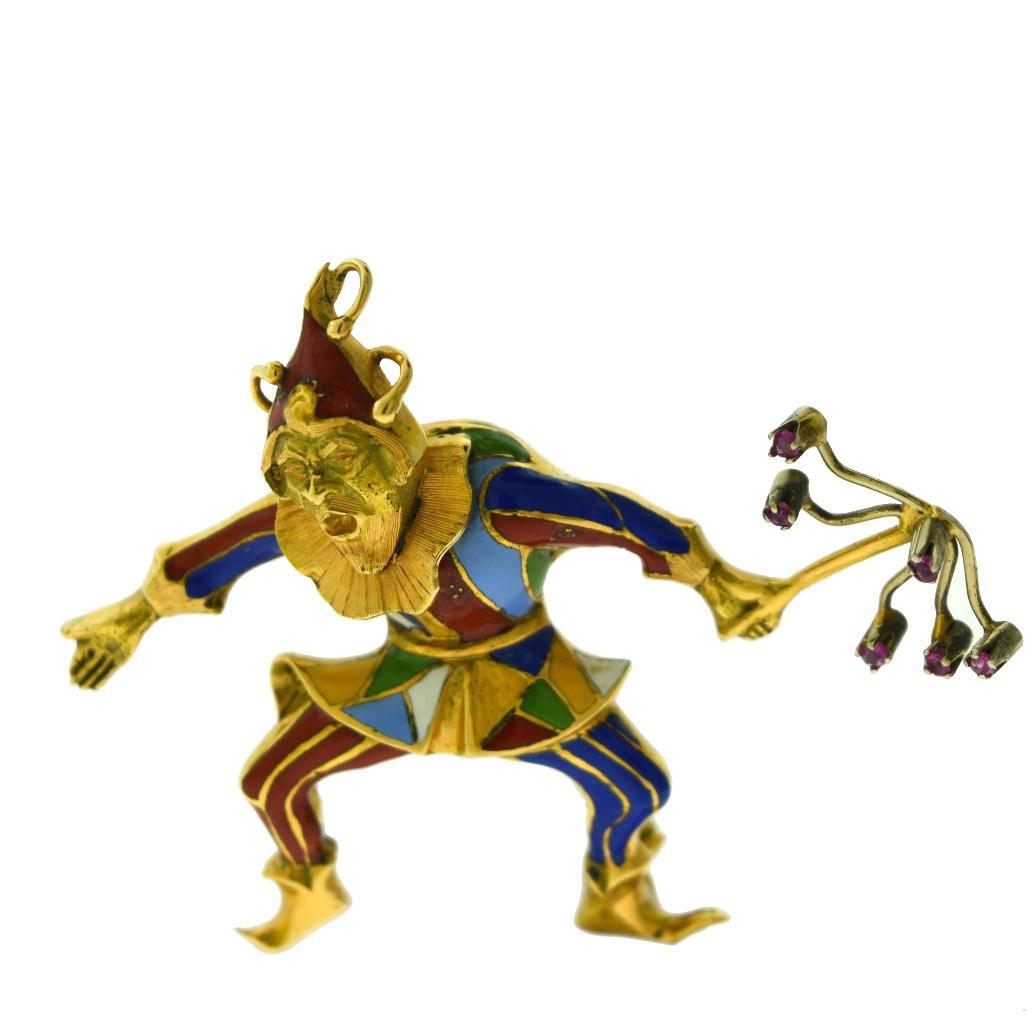 Femenino o masculino Broche Vintage de Esmalte Multicolor en Oro Amarillo de 18 Kilates Payaso Bromista en venta