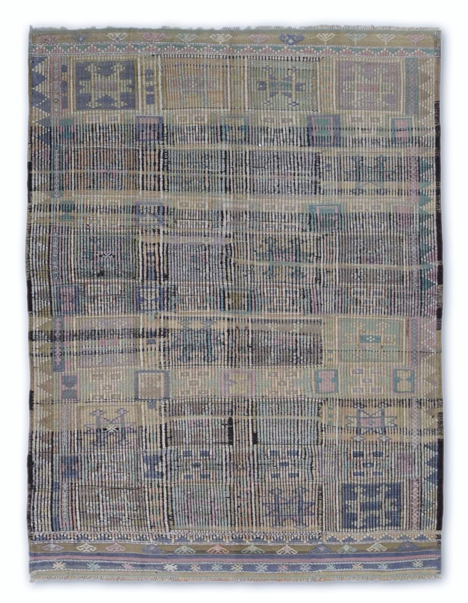 Mehrfarbiger Wollkilim mit geometrischem Motiv, mehrfarbig, 5'2''x6'10'' (Türkisch) im Angebot