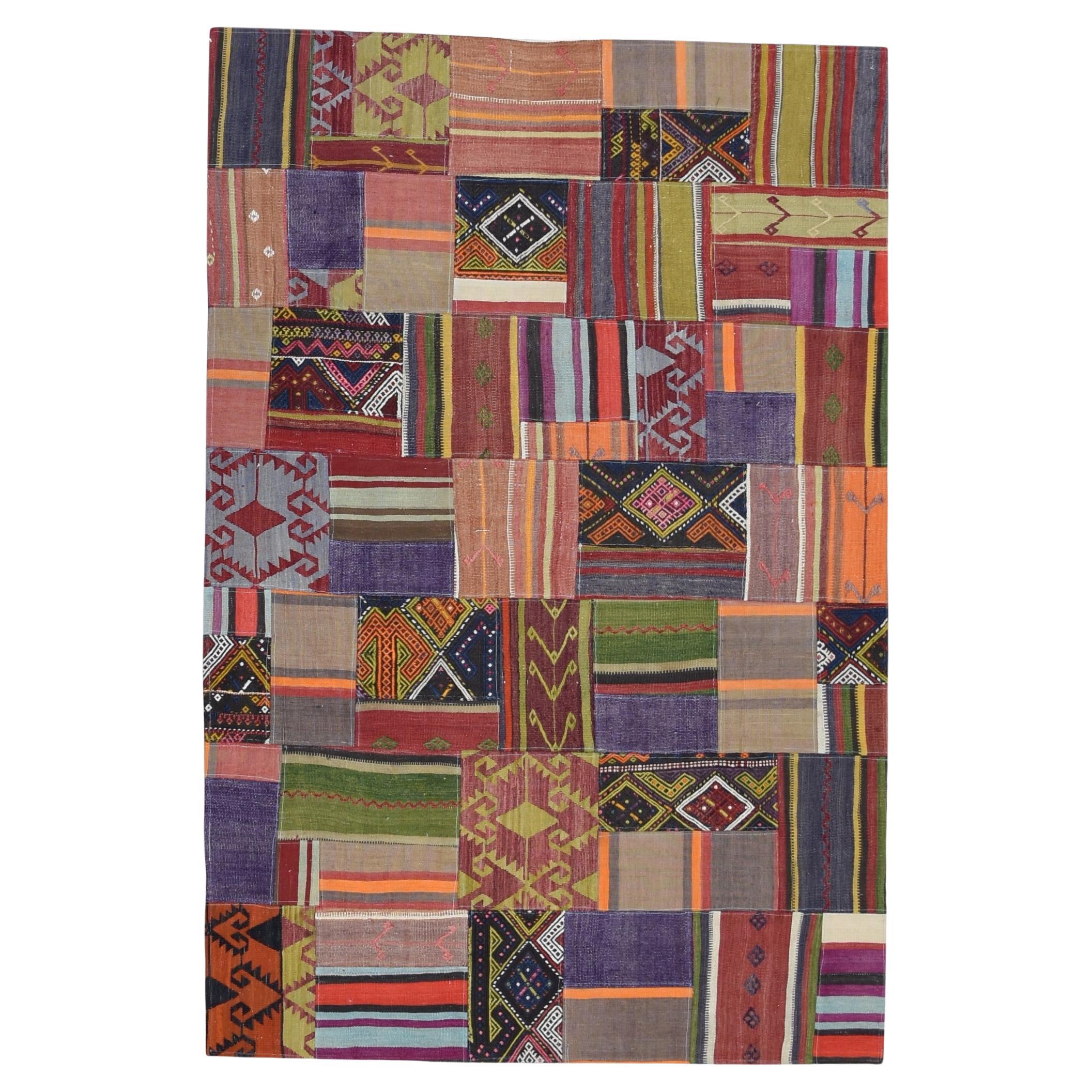 Vintage Multi-Colored Patch-Work Designed Wool Rug 4'1''x7'2''