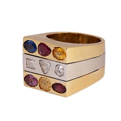 Vintage Multi Colored Sapphire and Diamond Square Signet Ring 18k Yellow Gold