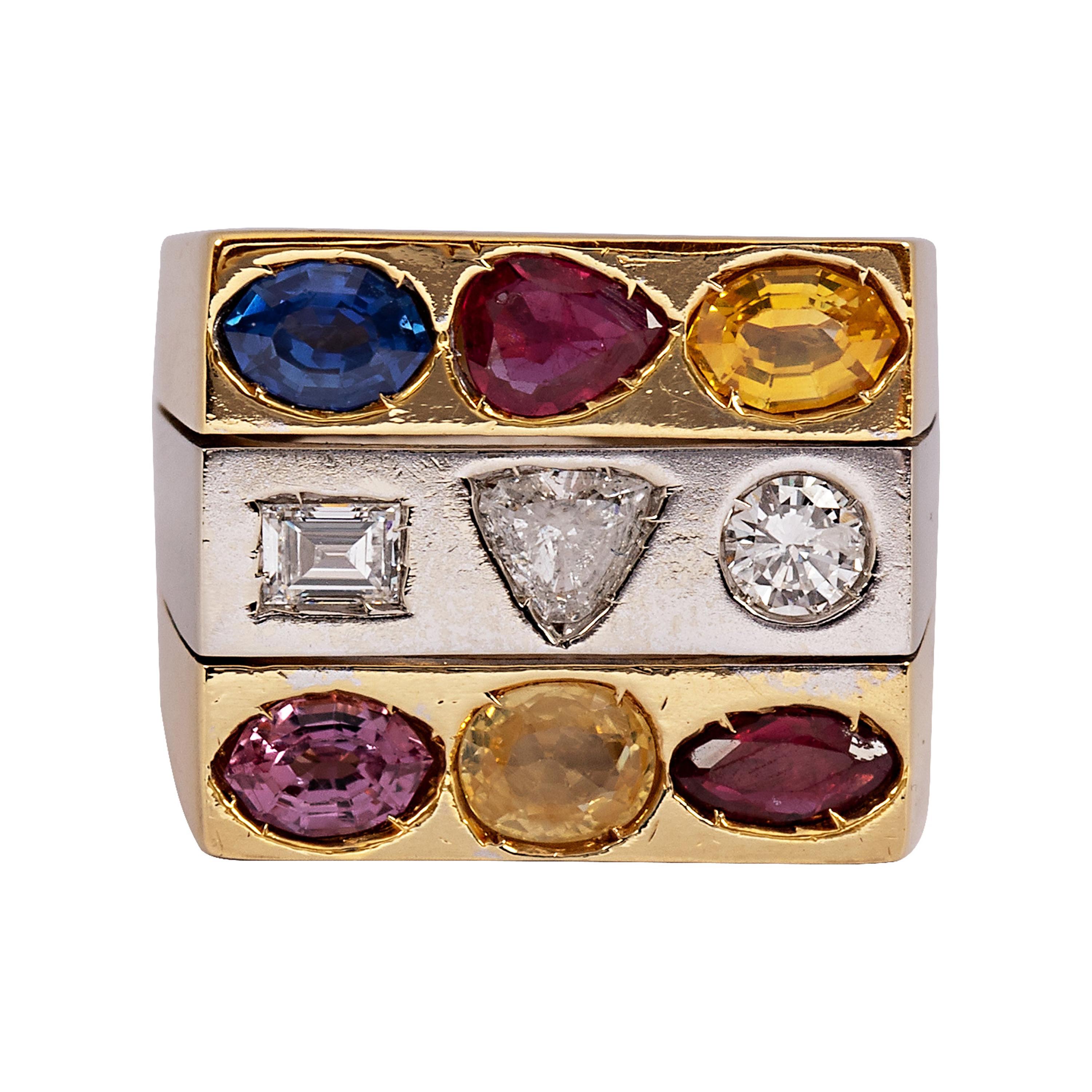 Vintage Multi Colored Sapphire and Diamond Square Signet Ring 18k Yellow Gold For Sale