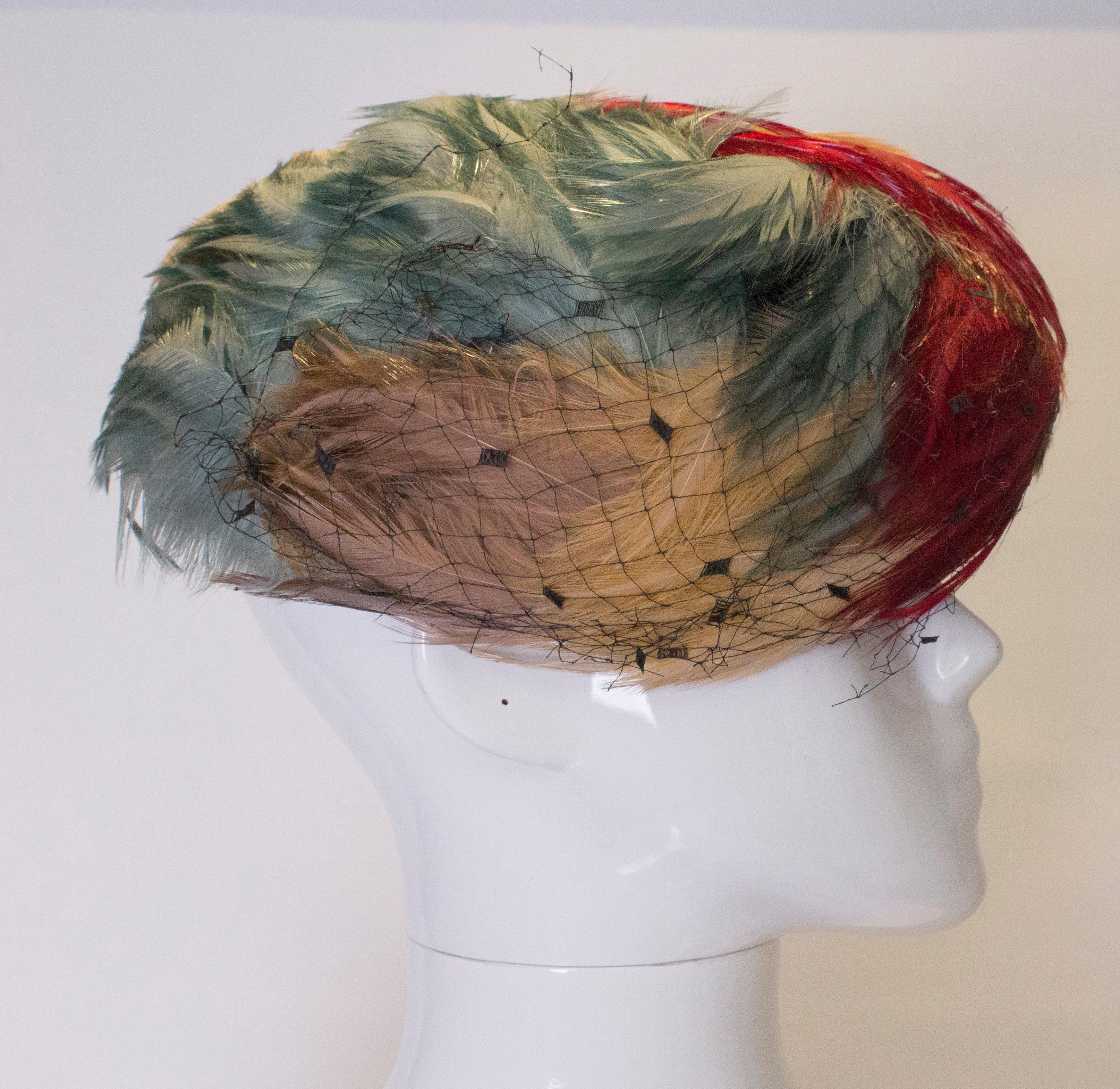 Gray Vintage Multi Colour Feather Hat For Sale