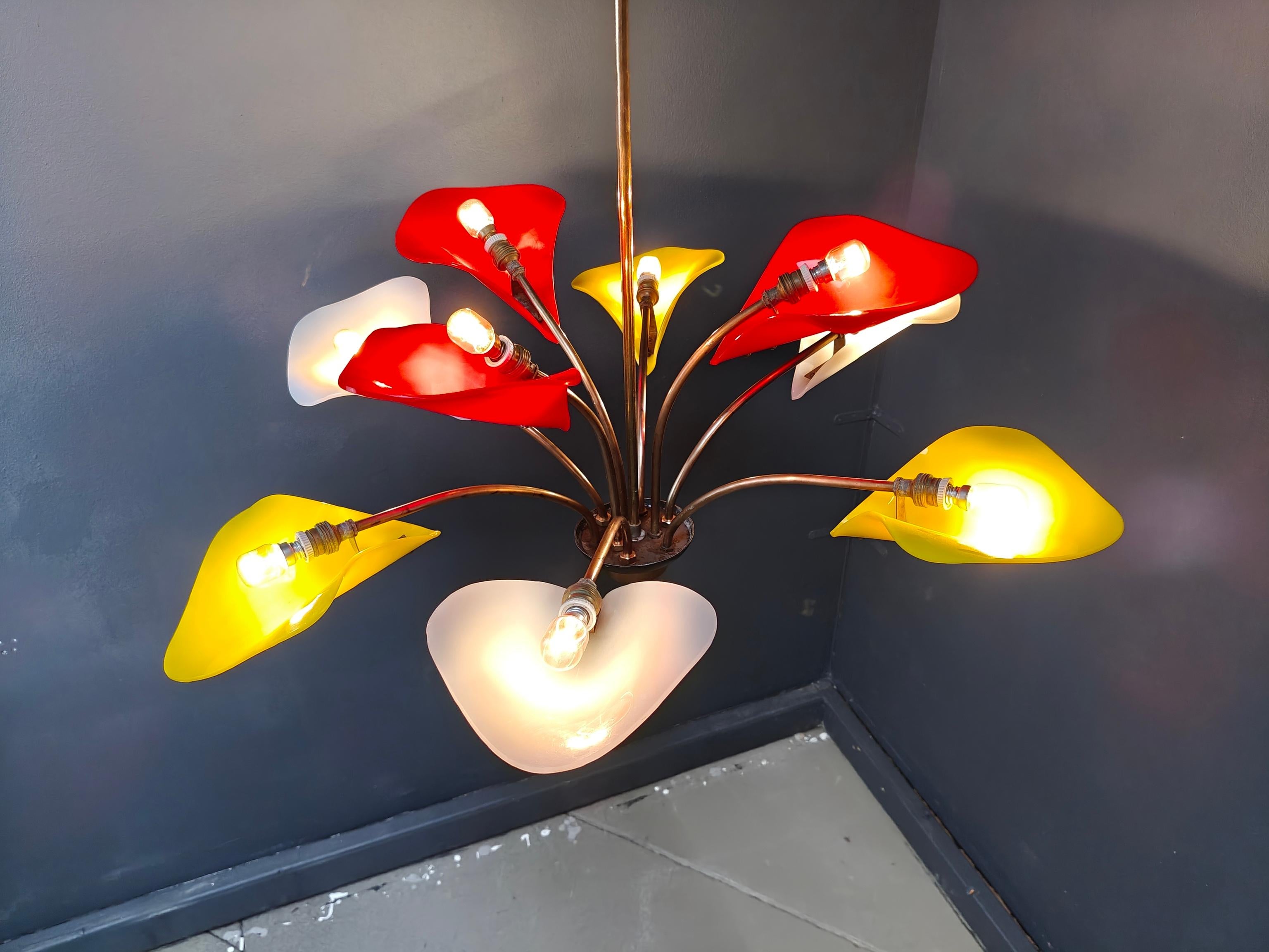 Brass Vintage multi colour italian chandelier, 1960s For Sale