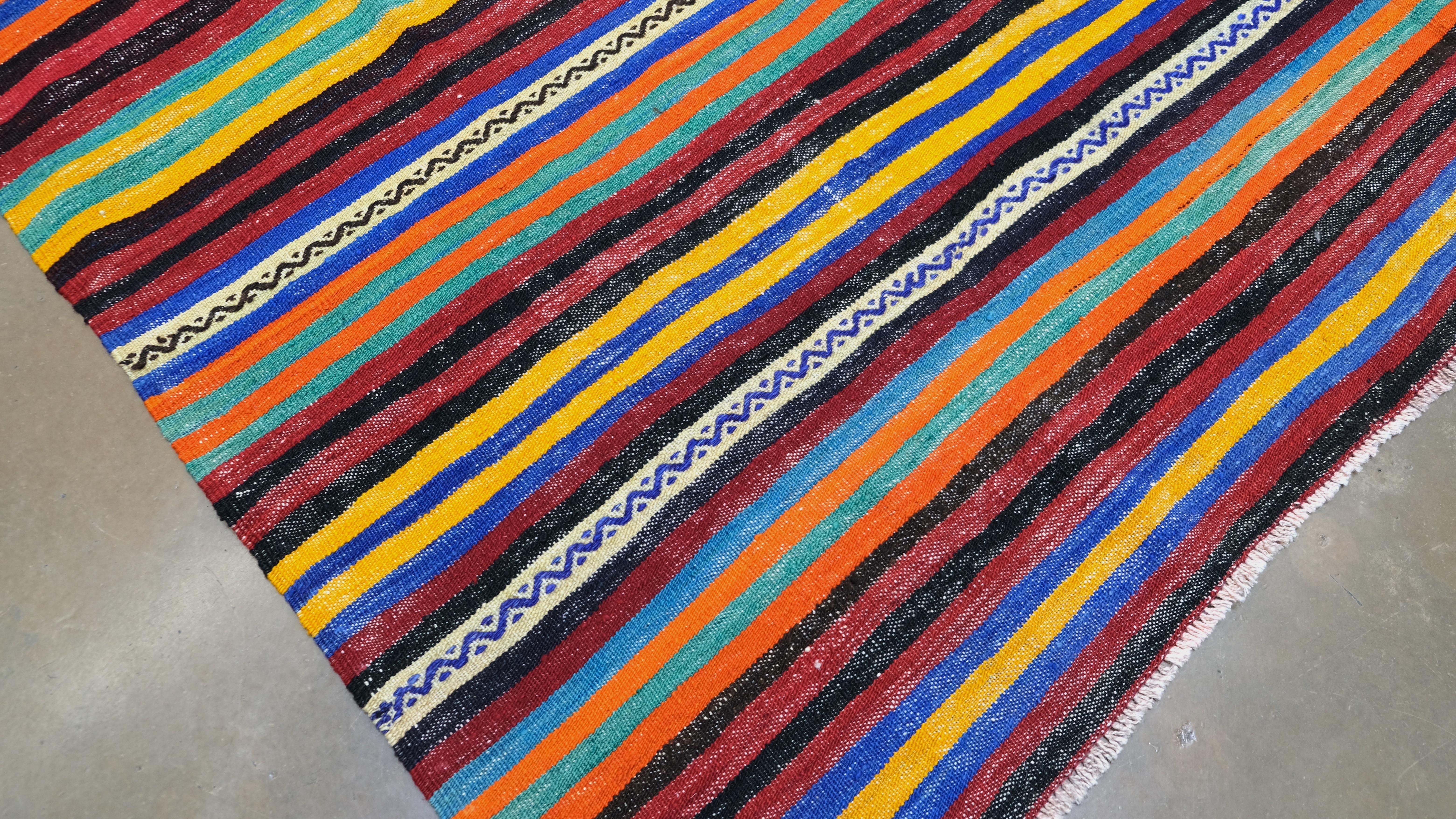 Art Deco Vintage Multi coloured Striped Patterned Wool Kilim 7'x13'2'' For Sale