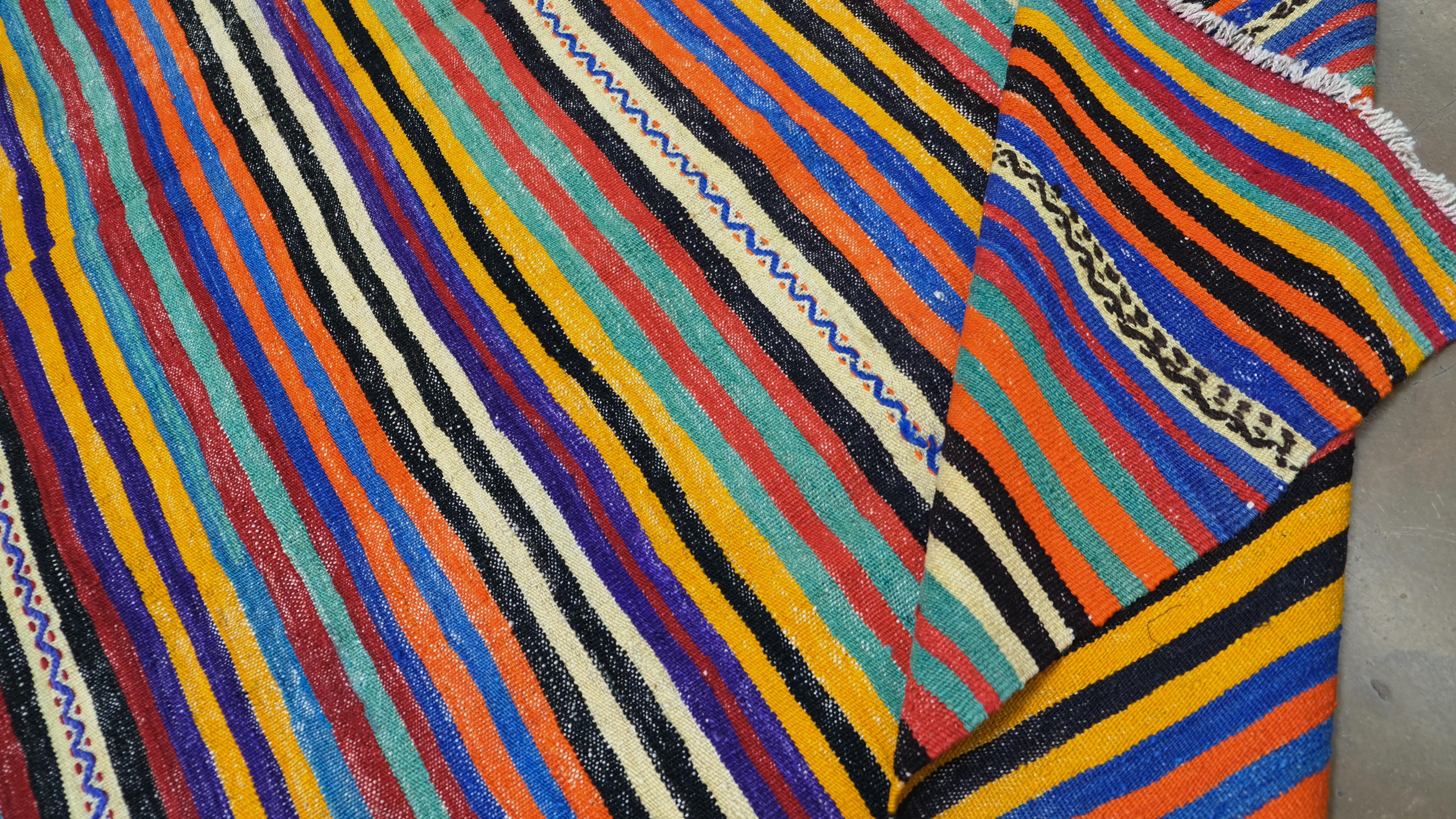 Turkish Vintage Multi coloured Striped Patterned Wool Kilim 7'x13'2'' For Sale