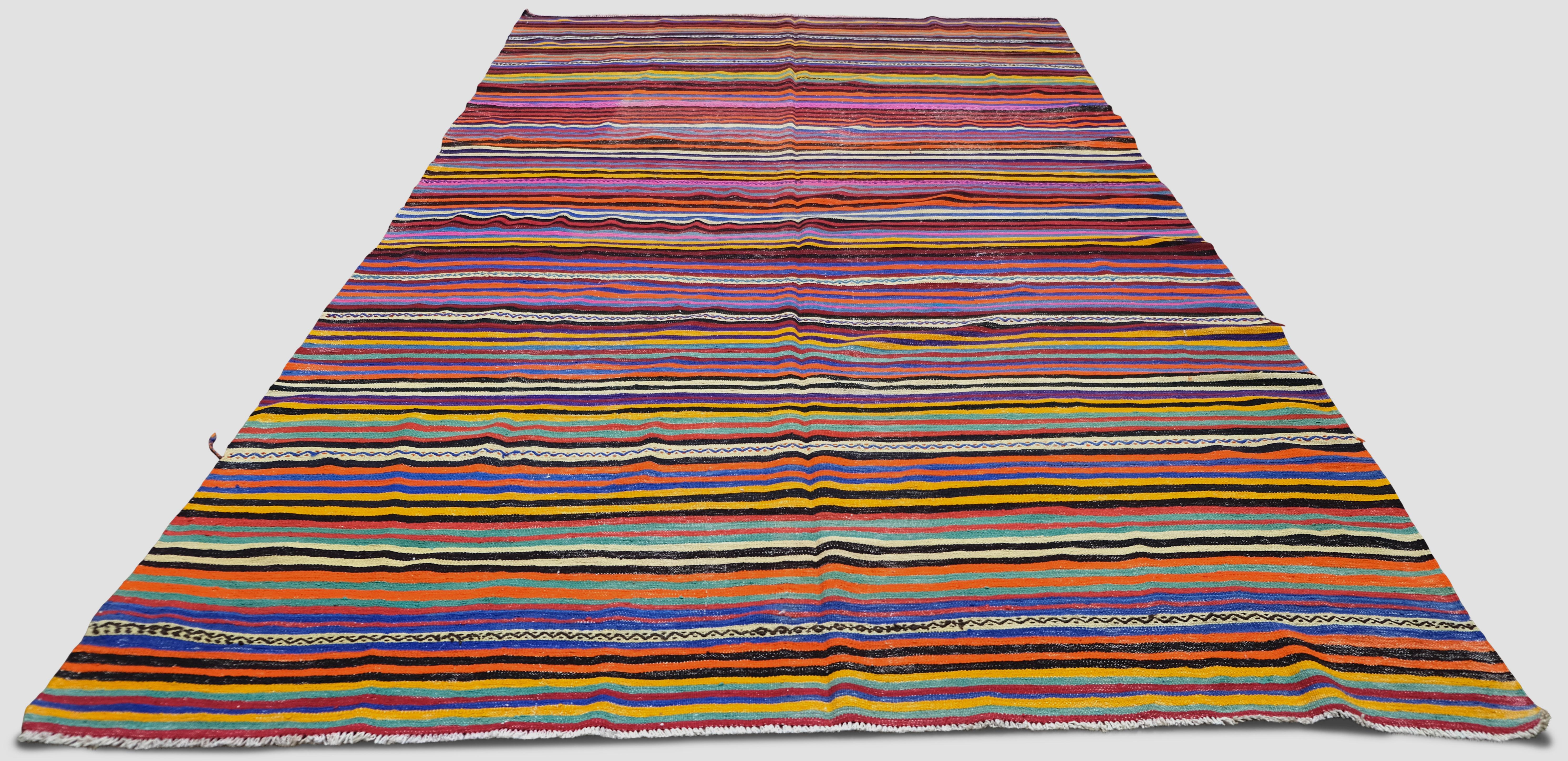 Hand-Woven Vintage Multi coloured Striped Patterned Wool Kilim 7'x13'2'' For Sale