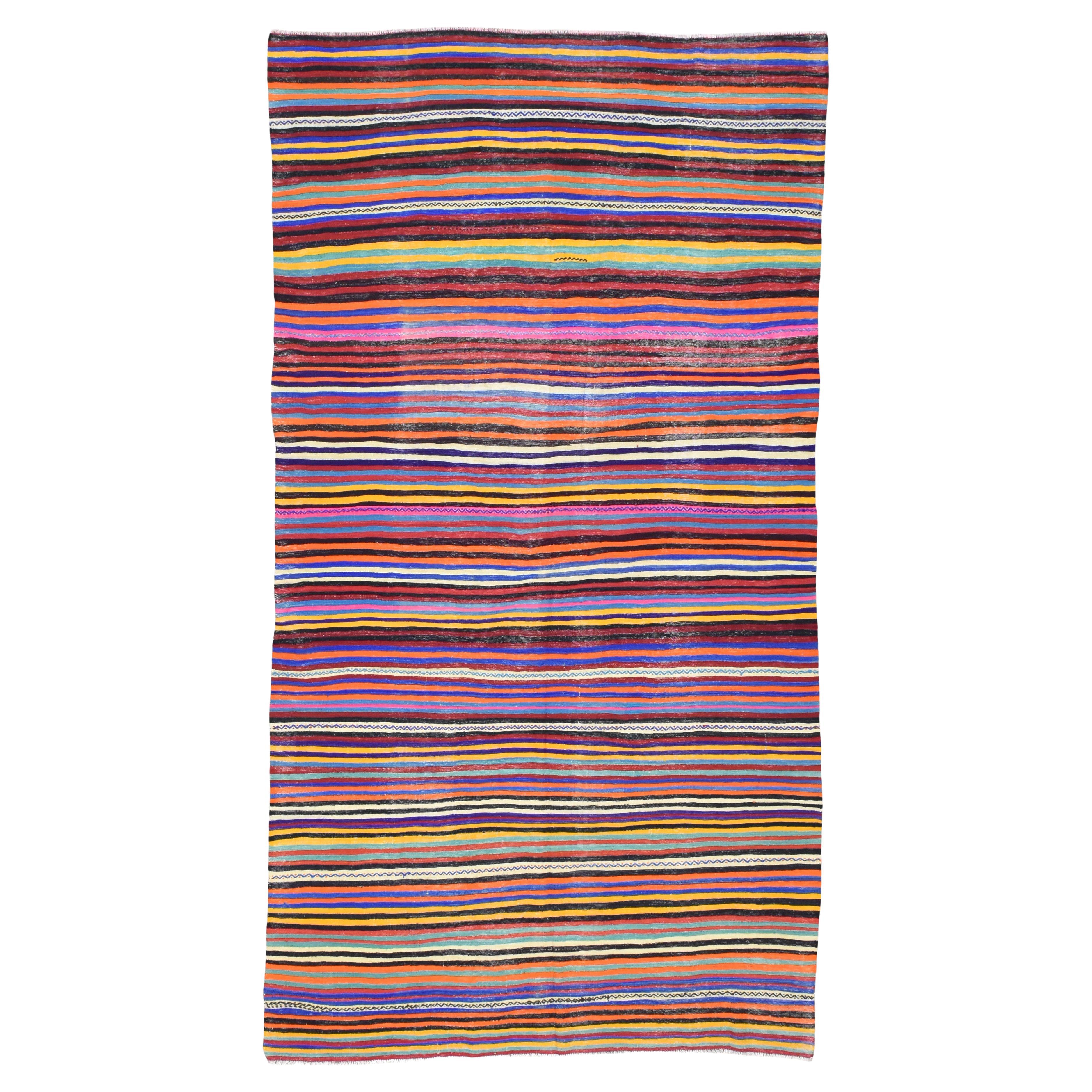 Vintage Multi coloured Striped Patterned Wool Kilim 7'x13'2''