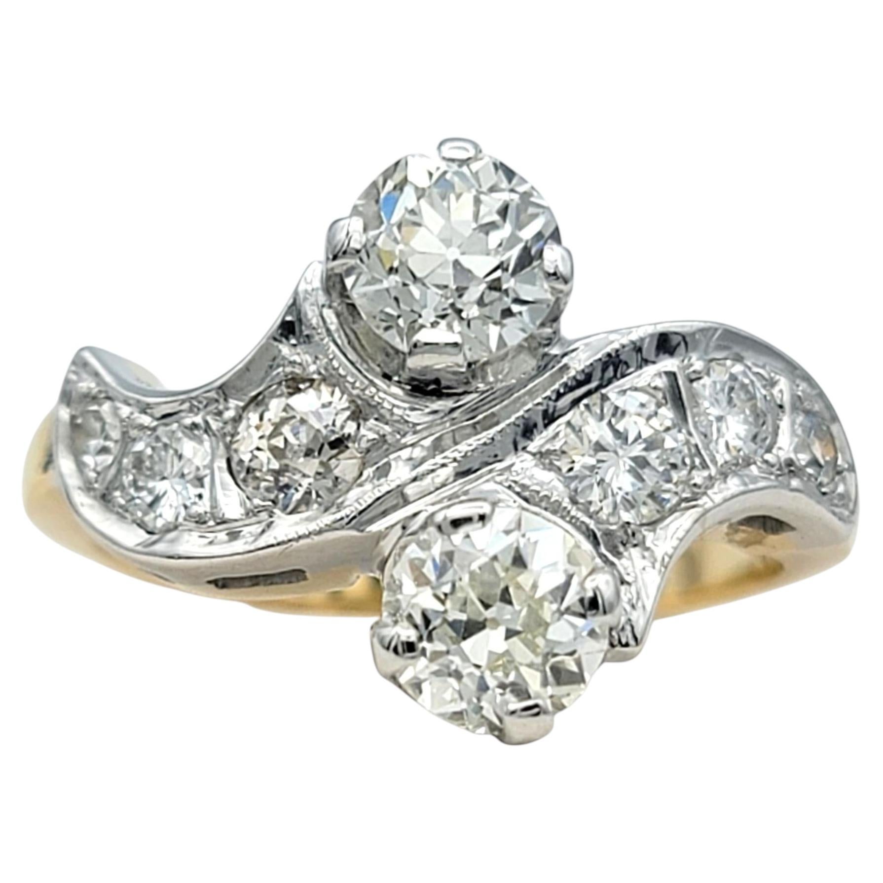Vintage Multi Diamond Bypass Style Band Ring in Two-Tone 14 Karat Gold For Sale
