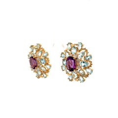 Vintage Multi Gem Amethyst Aquamarine and Diamond Fan Gold French Clip Earrings