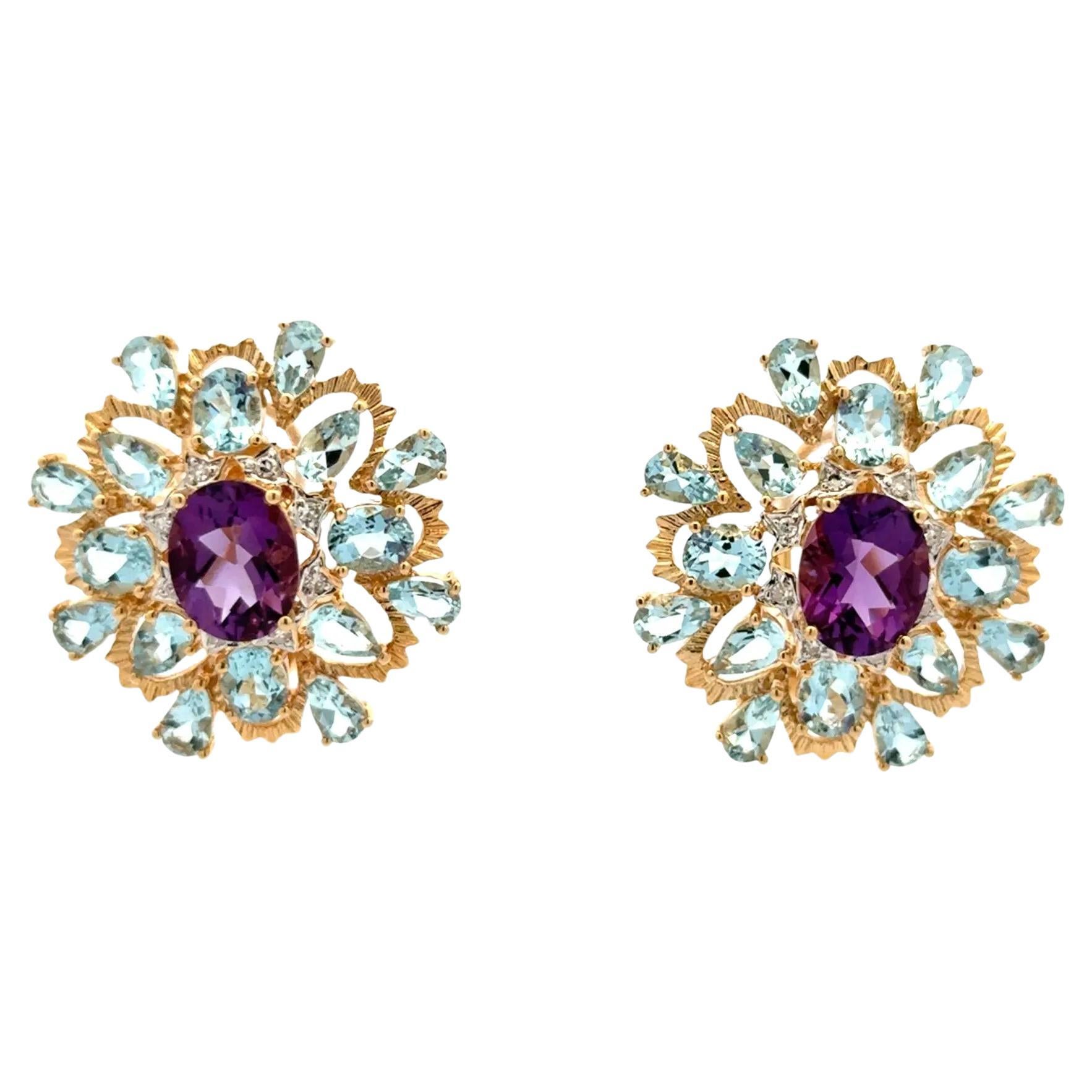 Orecchini a clip d'oro a ventaglio d'epoca multi gemma con ametista, acquamarina e diamante