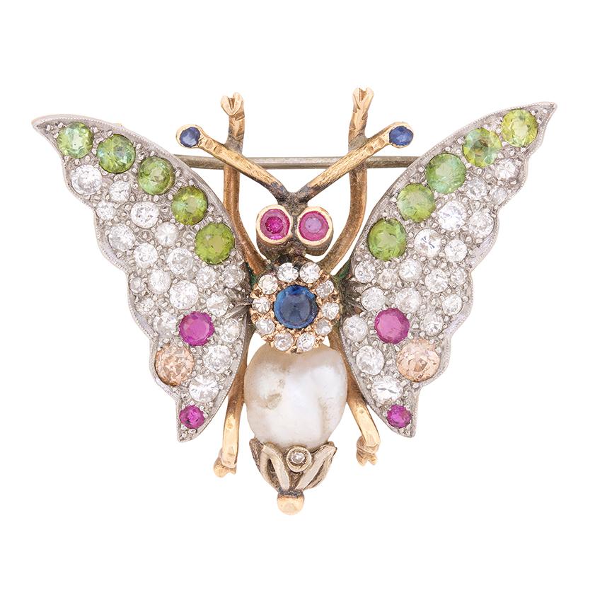 Vintage Multi-Gem Butterfly Brooch, circa 1930s For Sale