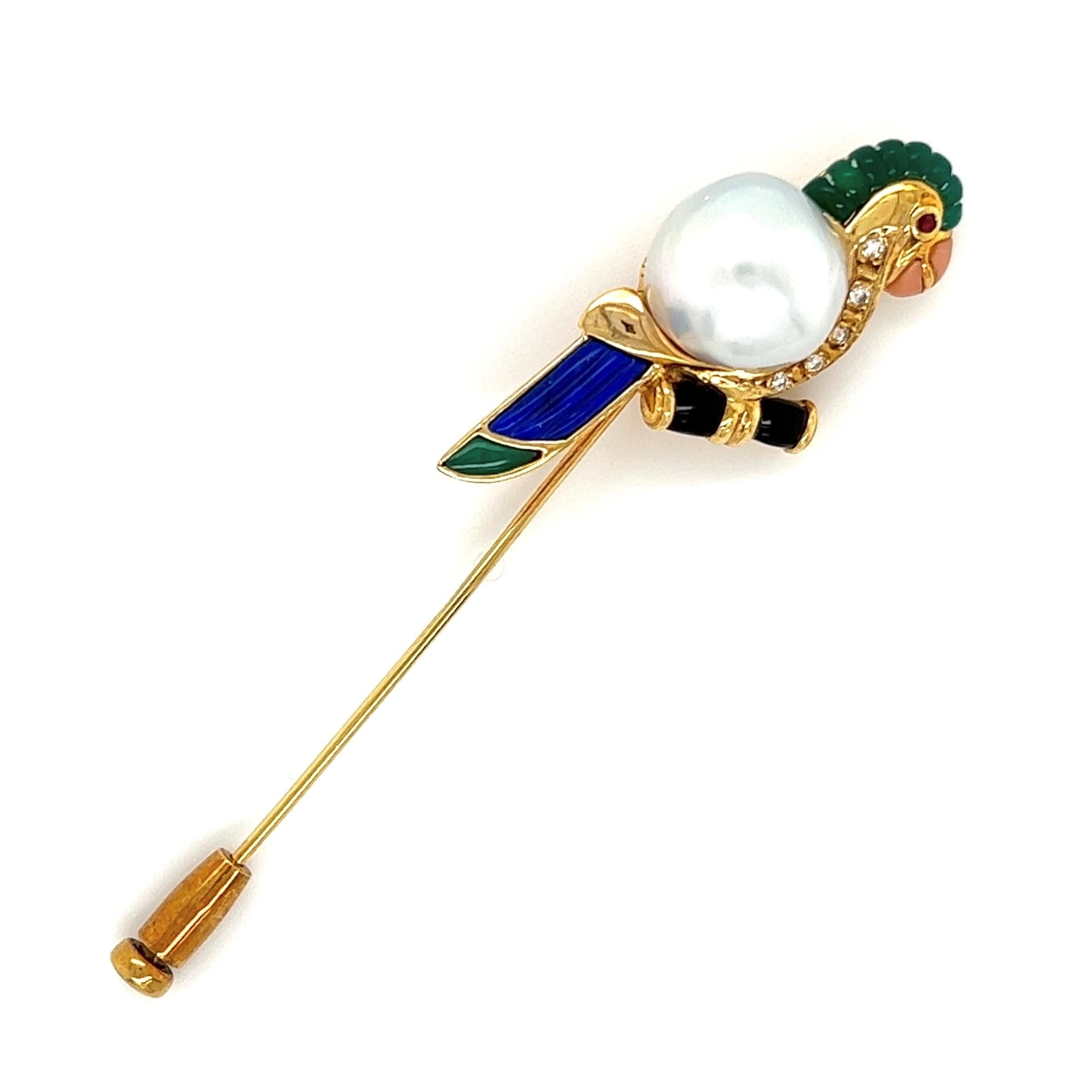 Simply Beautiful! Finely detailed Whimsical Vintage Multi-Gem Parrot Stick Pin. Securely Hand set with Chrysoprase, Coral, Ruby, Diamond, Pearl, Onyx and Malachite. Artistically Hand crafted in 18K Yellow Gold. Dimensions: 2.66” l x 0.66” w x 0.53”