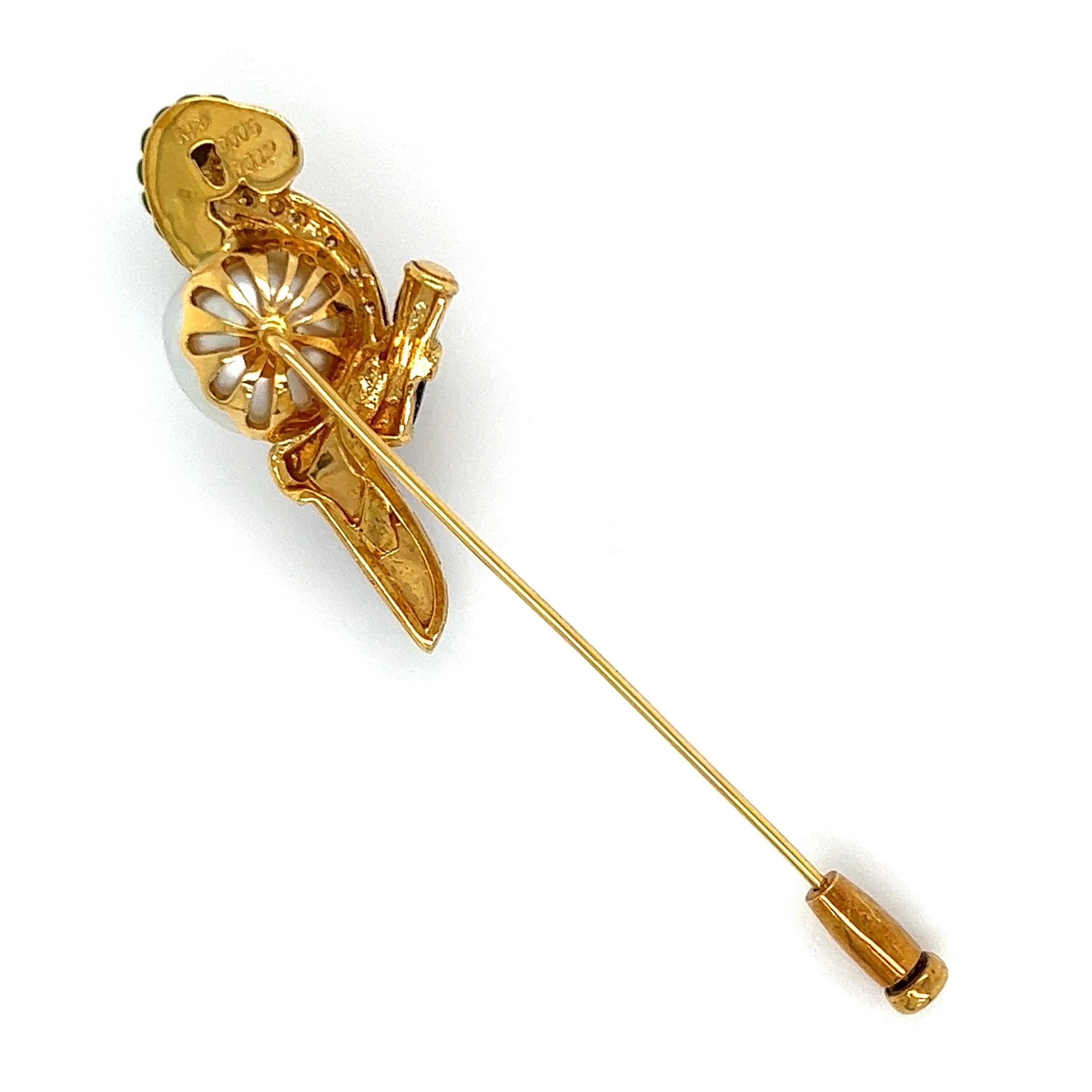 Modernist Vintage Multi Gem Gold Parrot Brooch Stick Pin For Sale