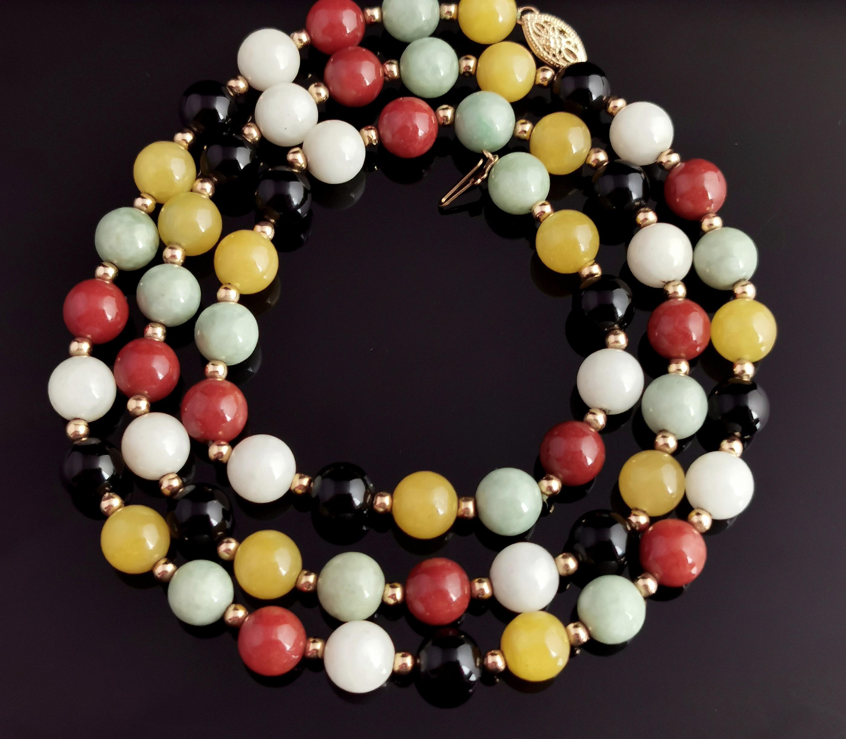 Perle Collier de perles multi-gemmes vintage, or jaune 14 carats en vente