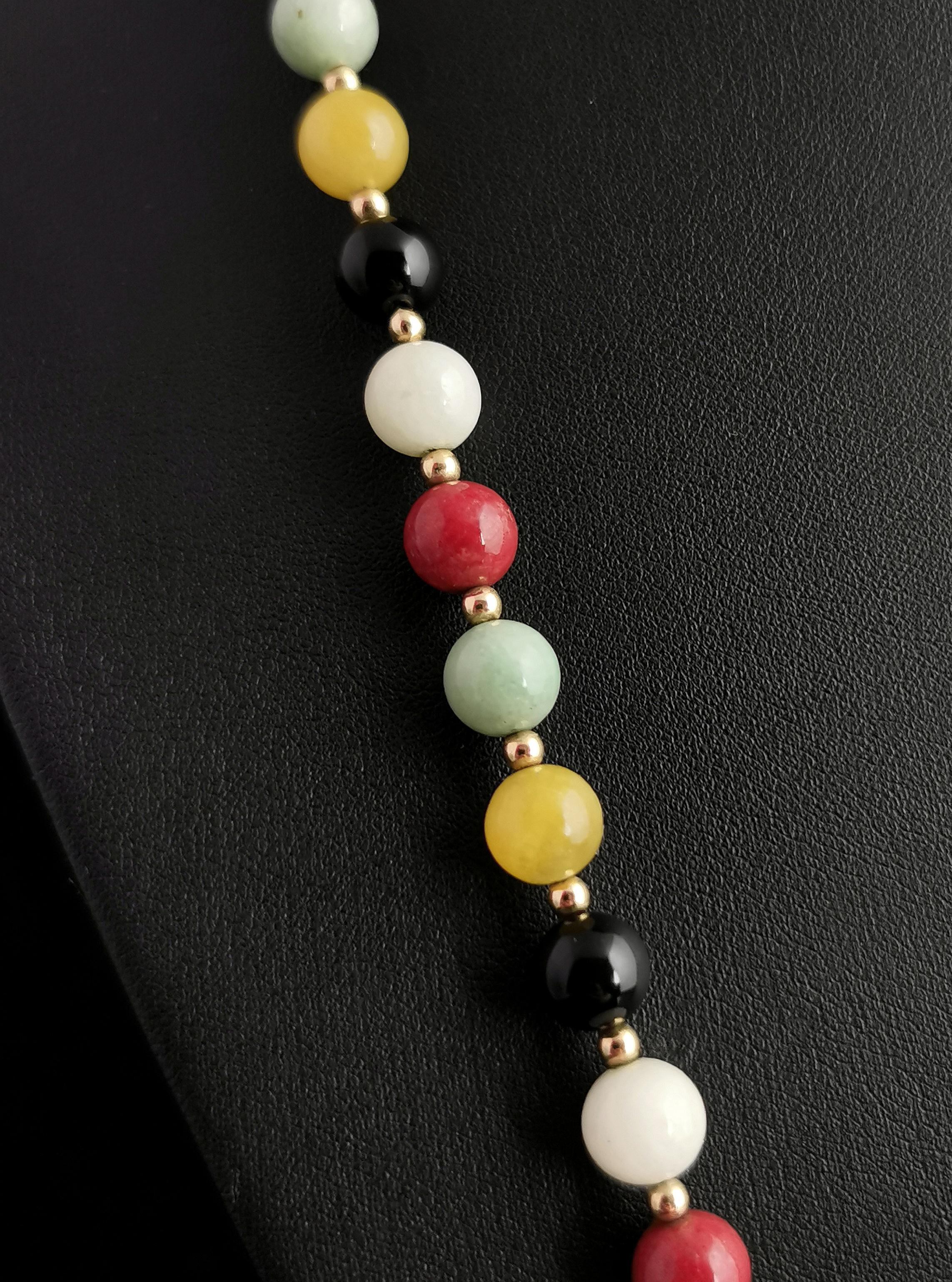 Women's or Men's Vintage Multi Gemstone Bead Necklace, 14k Yellow Gold For Sale