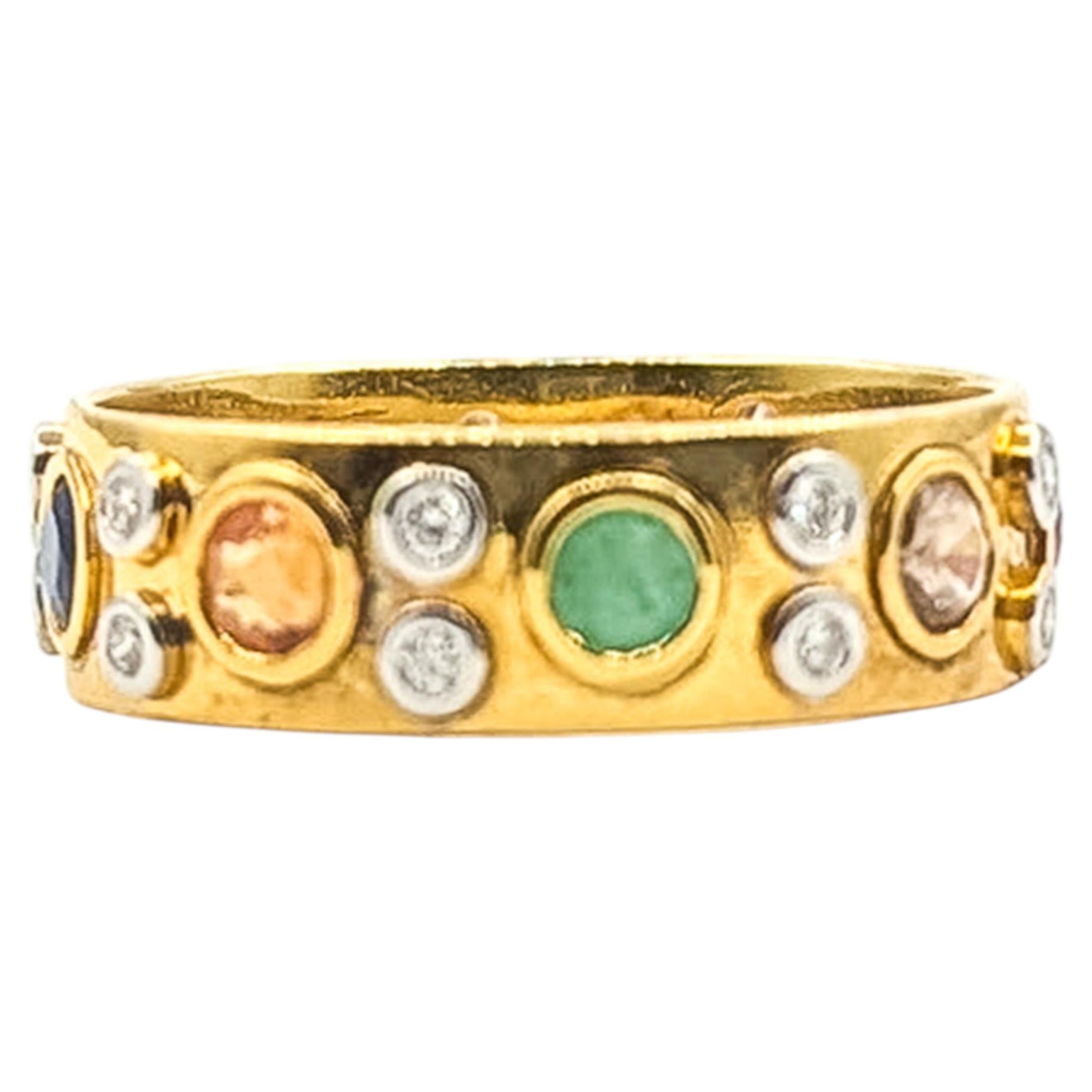 Vintage Multi-Gemstone & Diamond Eternity Band in 18k Yellow Gold
