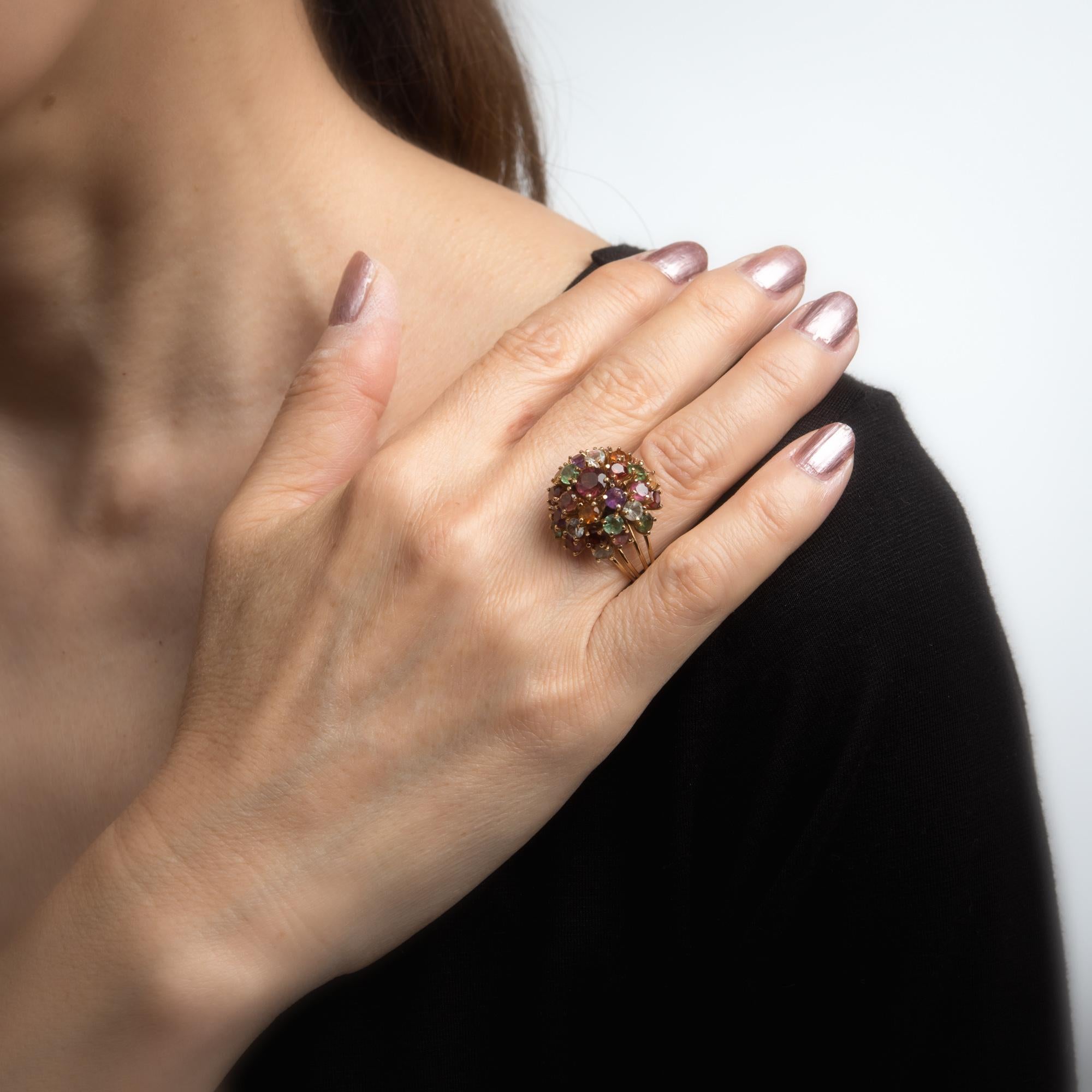 Modern Vintage Multi Gemstone Dome Ring 18 Karat Gold Tourmaline Amethyst Jewelry
