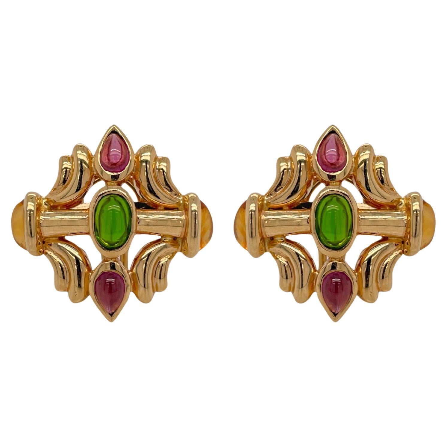 Vintage Multi Gemstone Earring in 14K Yellow Gold. For Sale