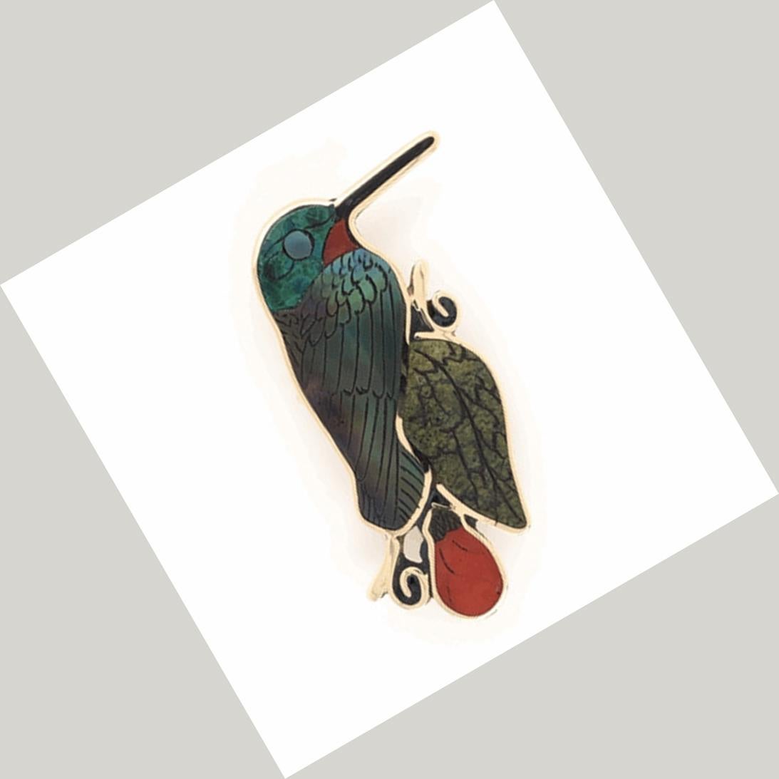 Vintage Multi Gemstone Inlay Hummingbird Pendant Brooch Pin Fine Estate Jewelry In Excellent Condition In Montreal, QC