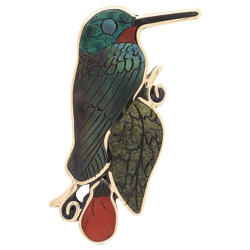 Vintage Multi Gemstone Inlay Hummingbird Pendant Brooch Pin Fine Estate Jewelry
