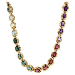 Vintage Multi Gemstone Rainbow Gold Link Necklace Estate Fine Jewelry