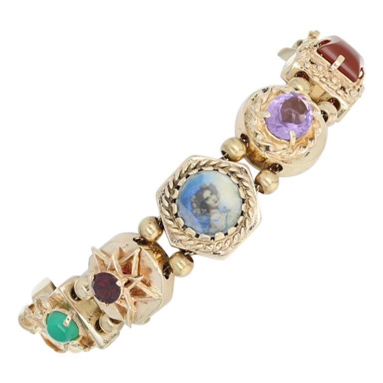 Vintage MultiGemstone Slide Charm Bracelet, 14 Karat Gold Amethyst 3.