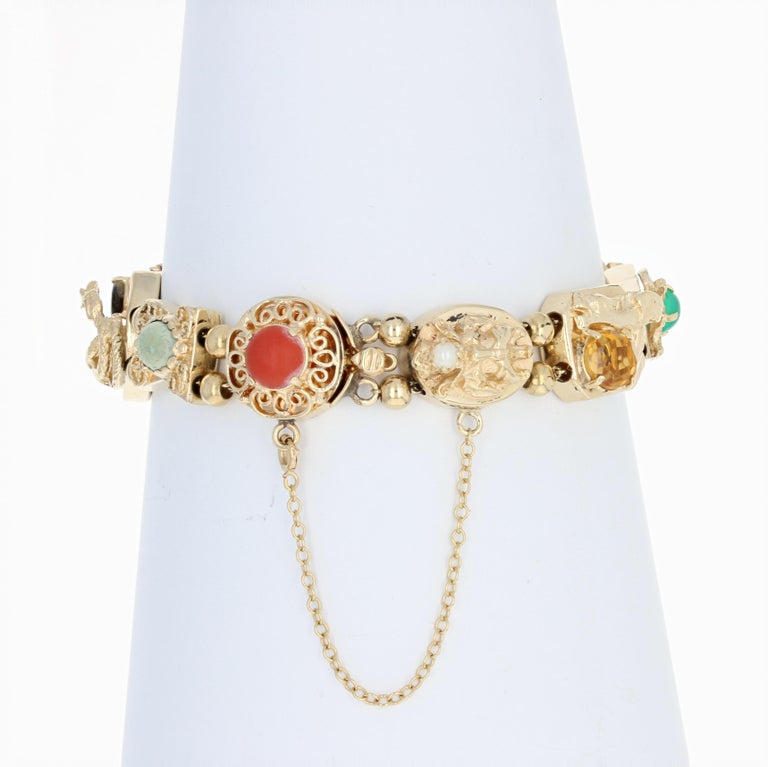 Vintage MultiGemstone Slide Charm Bracelet, 14 Karat Gold Amethyst 3.