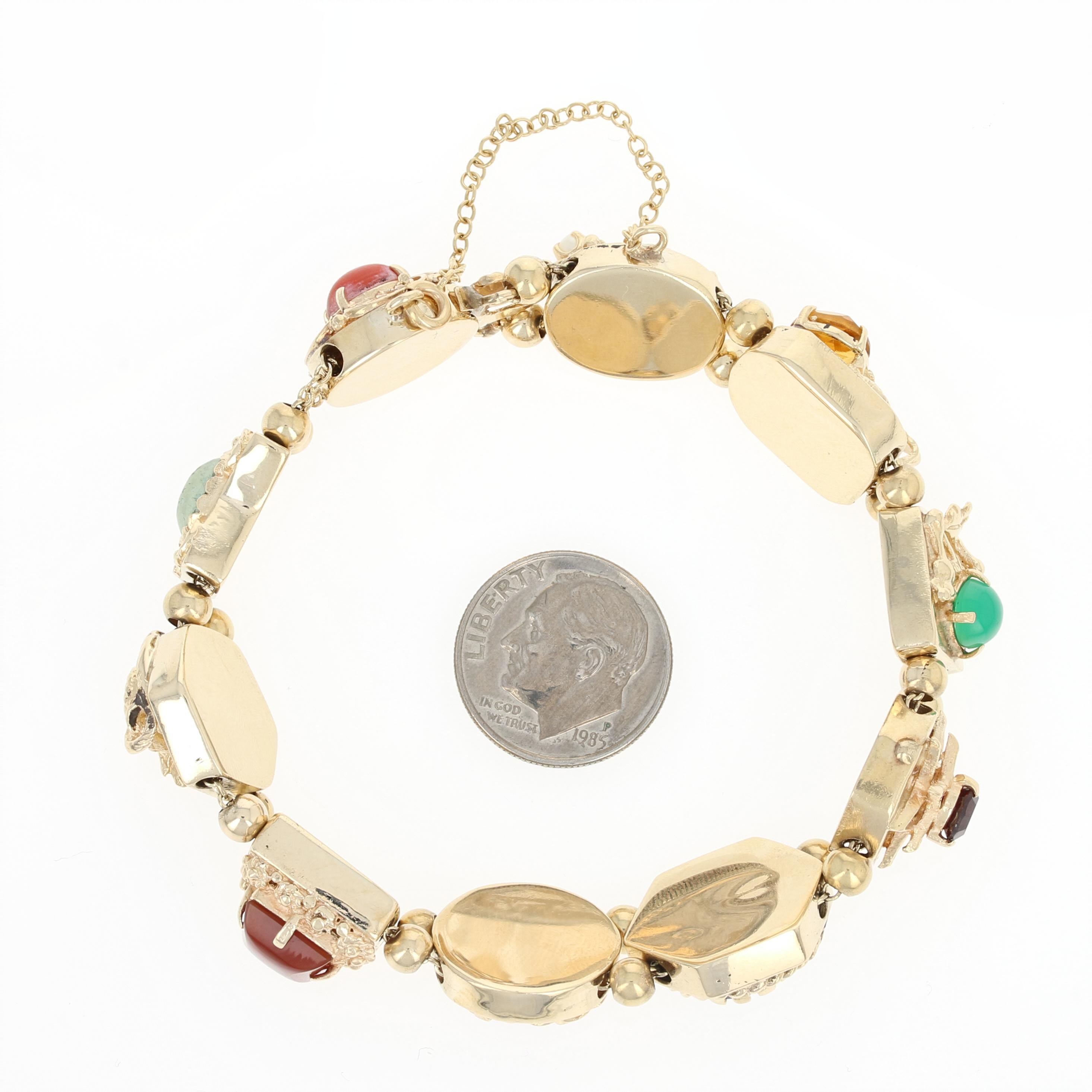 Oval Cut Vintage Multi-Gemstone Slide Charm Bracelet, 14 Karat Gold Amethyst 3.45 Carat