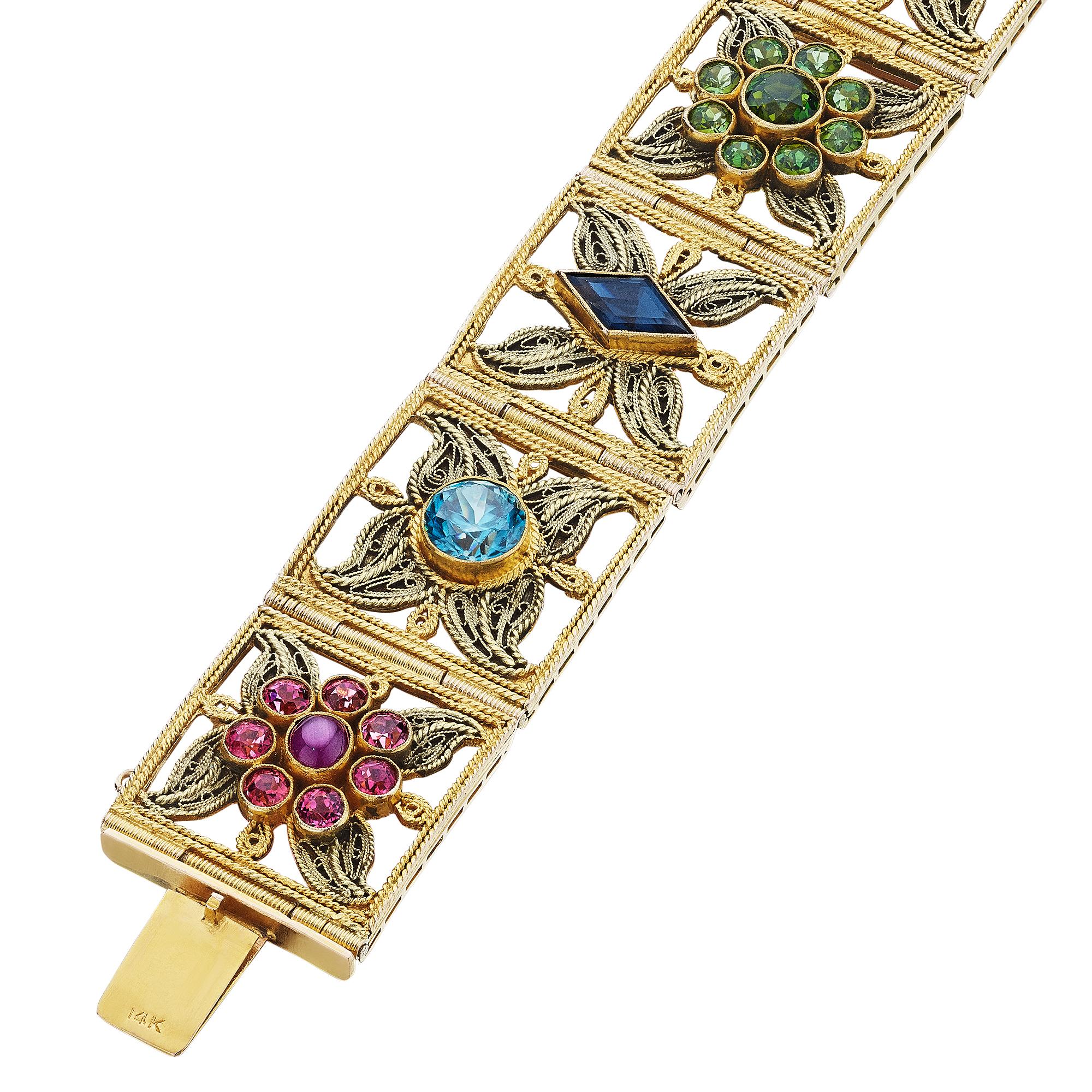 Modernist Vintage Multi Gemstone Square Link Gold Filigreed Bracelet