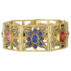 Vintage Multi Gemstone Square Link Gold Filigreed Bracelet
