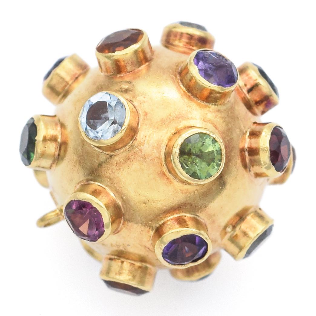 Vintage Multi-Gemstone Yellow Gold Sputnik Ball Pendant In Good Condition In New York, NY