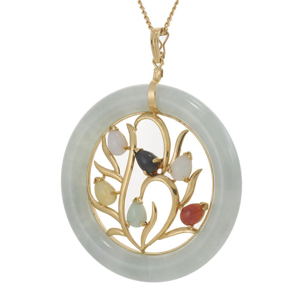 Taille cabochon Collier Vintage Multi-Jade avec pendentif Design/One en or jaune 14KT en vente