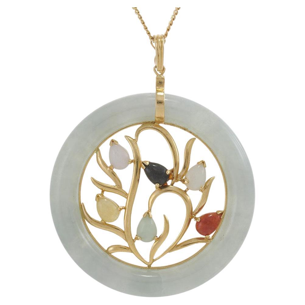 Collar Colgante Vintage Diseño Floral Multi-Jade con Oro Amarillo 14KT