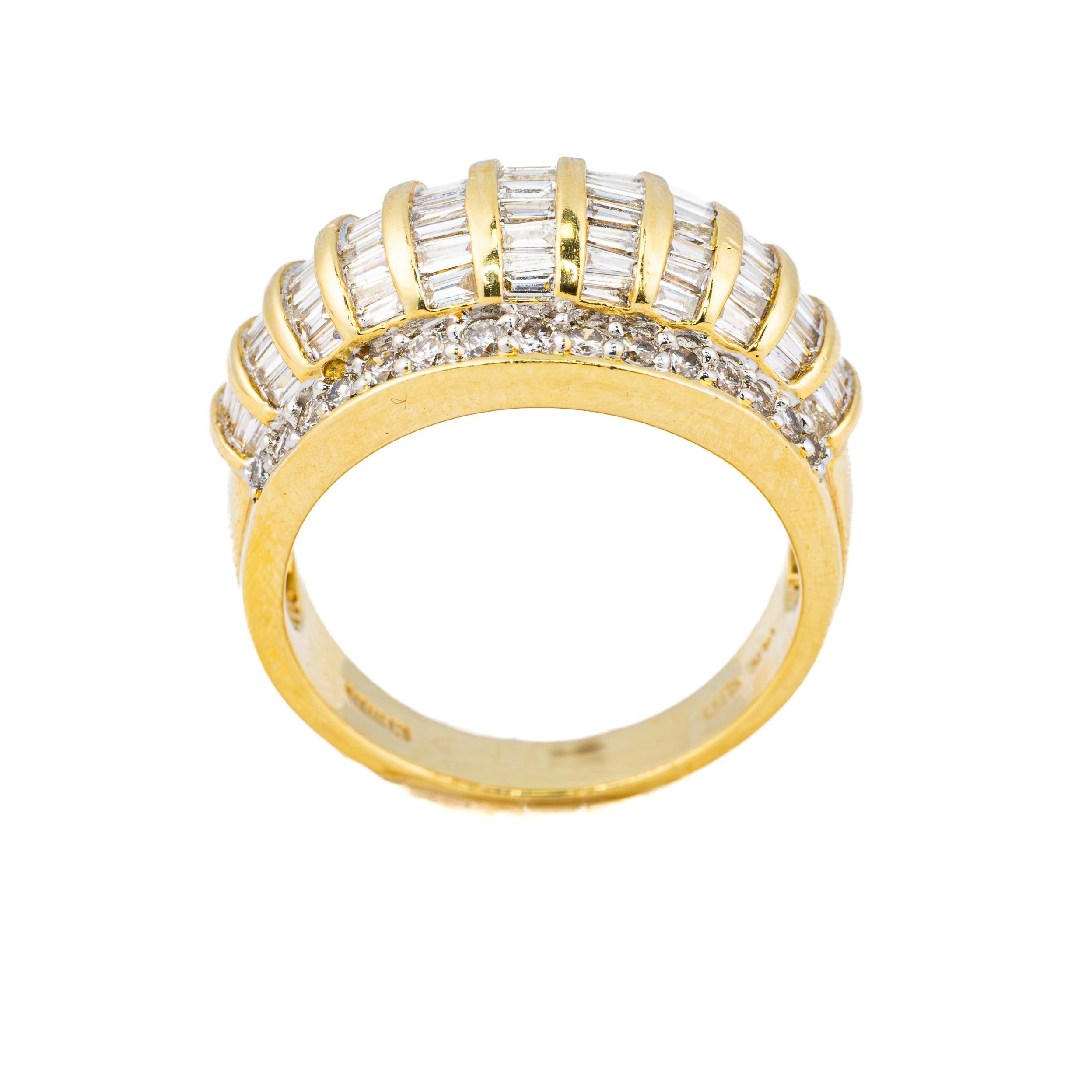 Baguette Cut Vintage Multi Row Diamond Gold Dome Ring For Sale