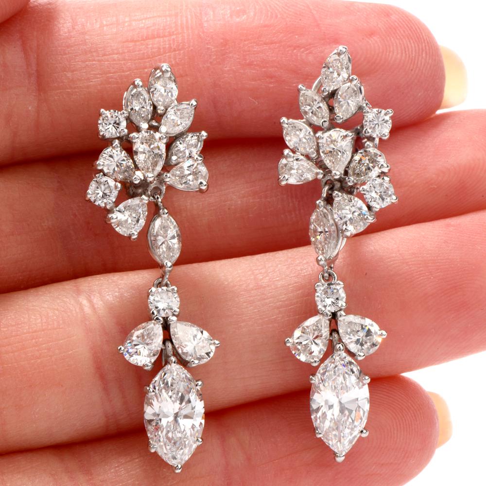 Art Deco Vintage Multi Shape 6.65 Carat Diamond Platinum Dangle Drop Earrings For Sale
