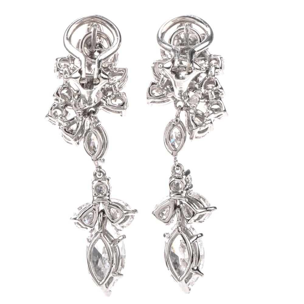 Marquise Cut Vintage Multi Shape 6.65 Carat Diamond Platinum Dangle Drop Earrings For Sale